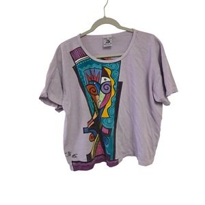 Hand-Painted Abstract Face Art T-Shirt XL One of a Kind Wearable Art Cubist